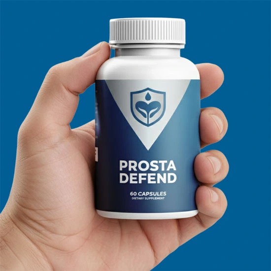 Hand holding a bottle of Prosta Defend prostate supplement